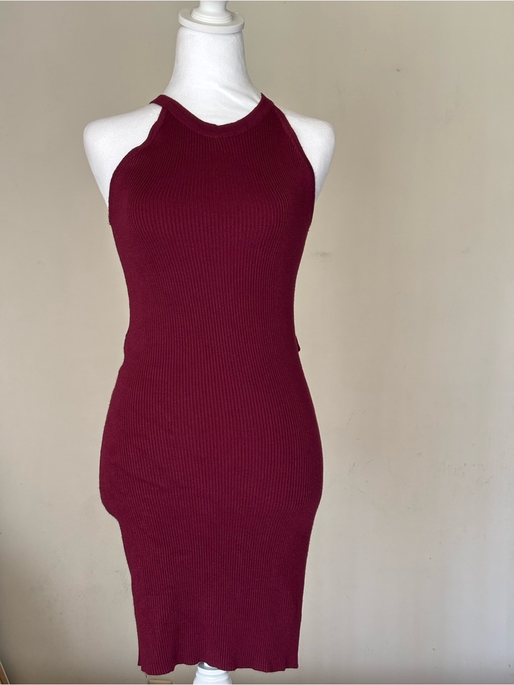 Ambiance Ribbed Bodycon Halter Open Back Mini Dress - Burgundy
